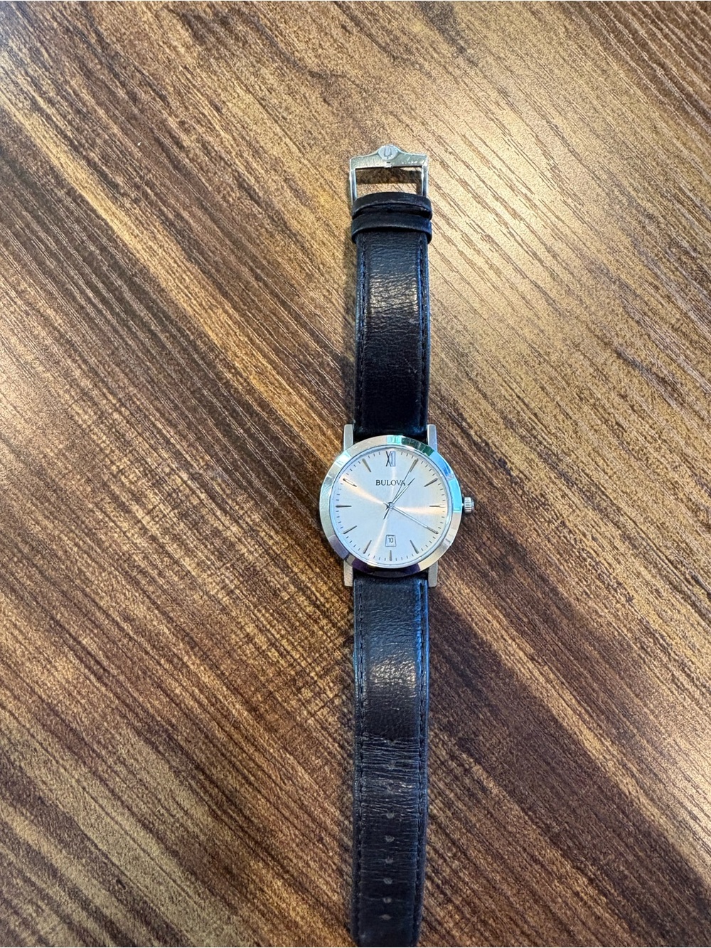Bulova Silver Dial Watch with Black Leather Strap